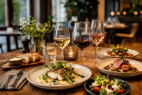 Assiette gastronomique accompagnée d'un verre de vin blanc